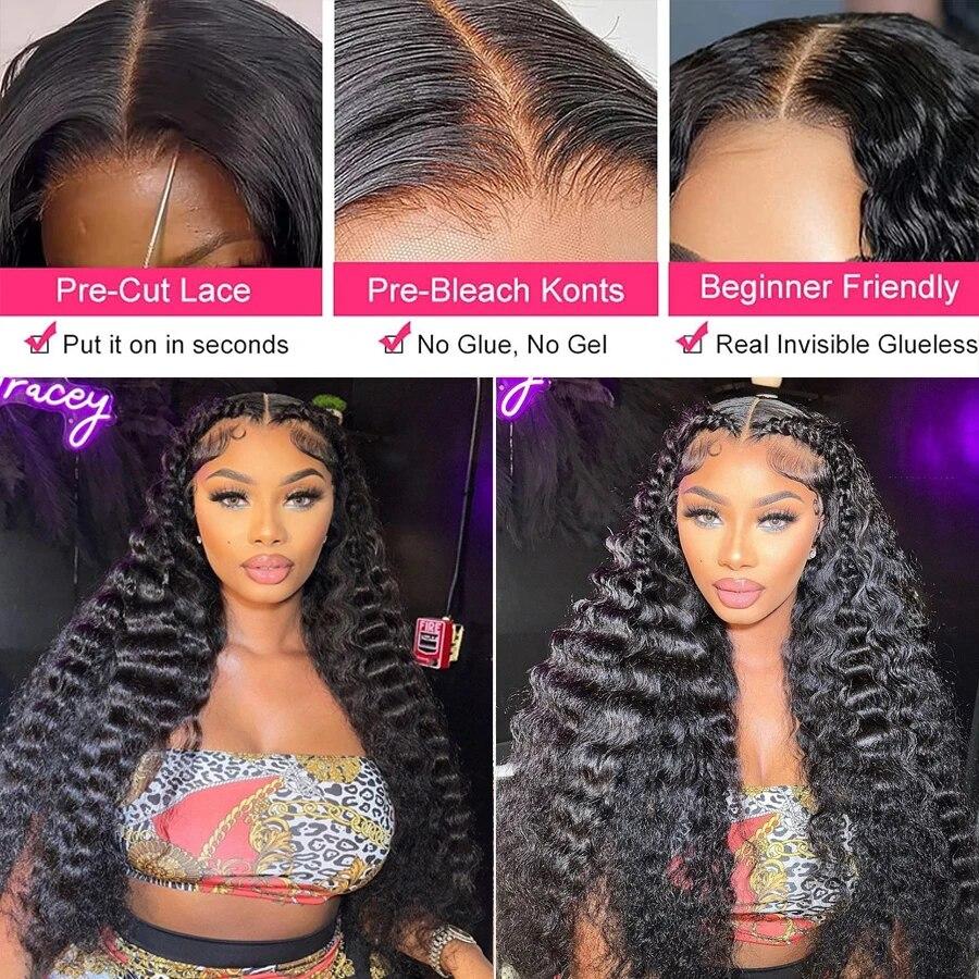 Bling Hair Brazilian Ready To Wear Deep Wave 13x6 Lace Frontal Human Hair Wigs With Elastic Drawstring Pre-cut Deep Wave 13x4 Transparent Lace Frontal Human Hair Wig Pre-Everything Remy Human Hair Wigs For Beginners