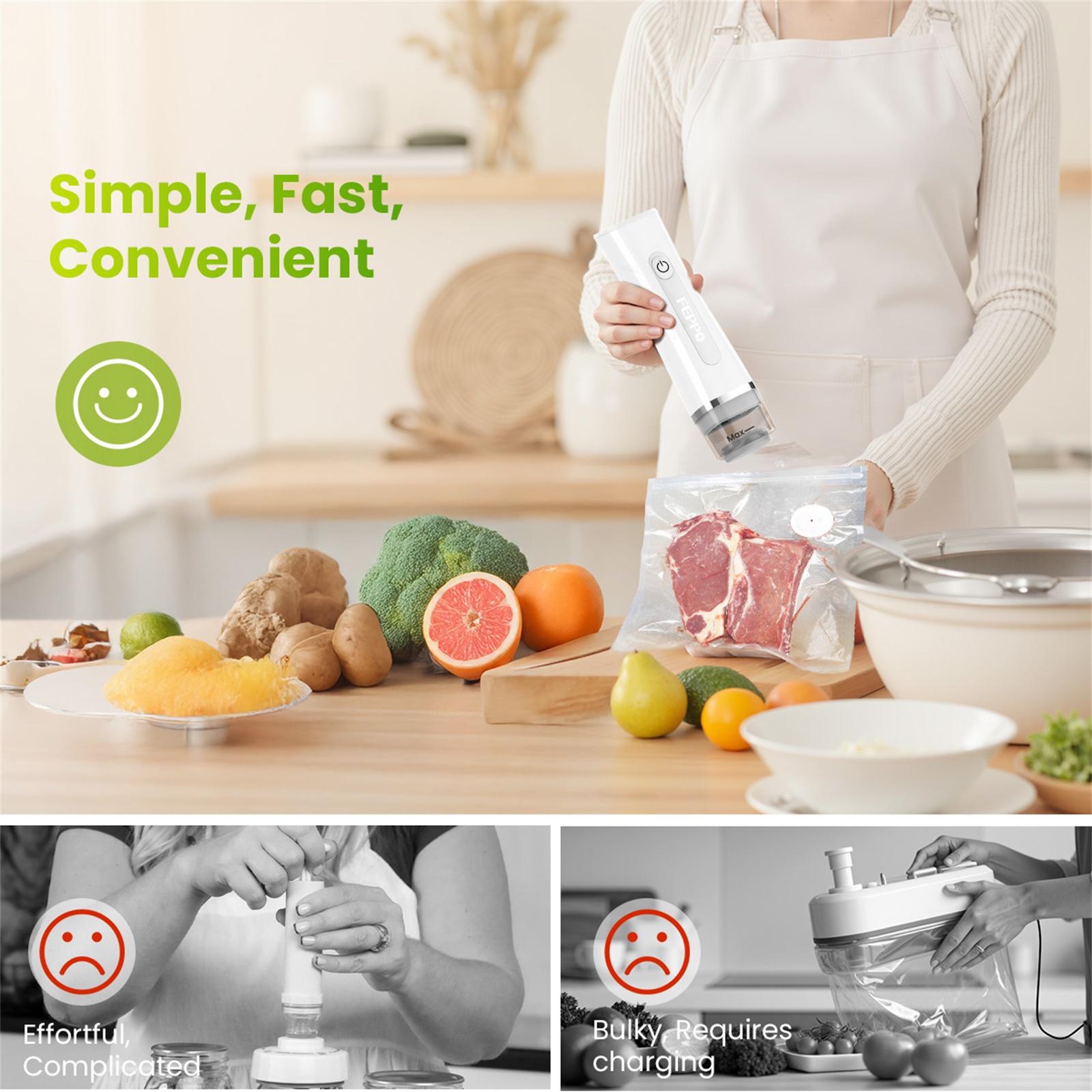 FEPPO Vacuum Sealer for Food with Visual Water Storage Tank, Handheld Saver Vacuum Sealer Machine with 10 Reusable Bags for 5X Preservation & Fresh