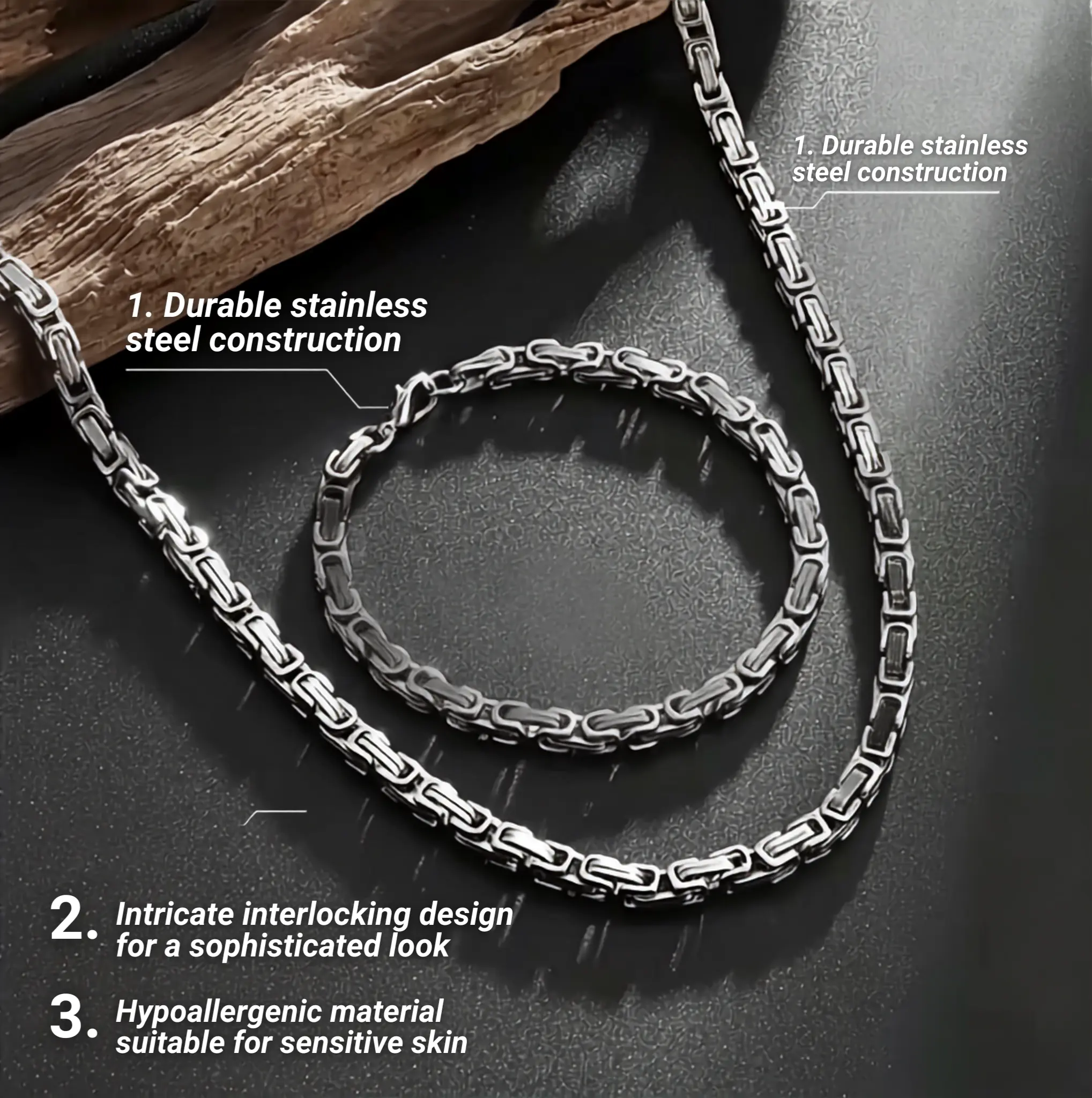 Chunky 2-Piece Jewelry Set for Men with Rectangular Byzantine Box Links, Hip Hop Stainless Steel Necklace & Bracelet, Chunk, Geometric, Unisex, Casual, Chain & Link, Daily, Engagement, Yes, Male