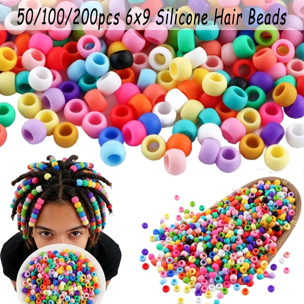 50/100/200pcs 6×9 Silicone Hair Beads Designed for Women's Braided Hairstyles Soft, Gentle and Colorful, Unique Hairstyling Ponytail Beads Bulk Supply Packs of Hair Accessories for Women's Braided Hairstyles