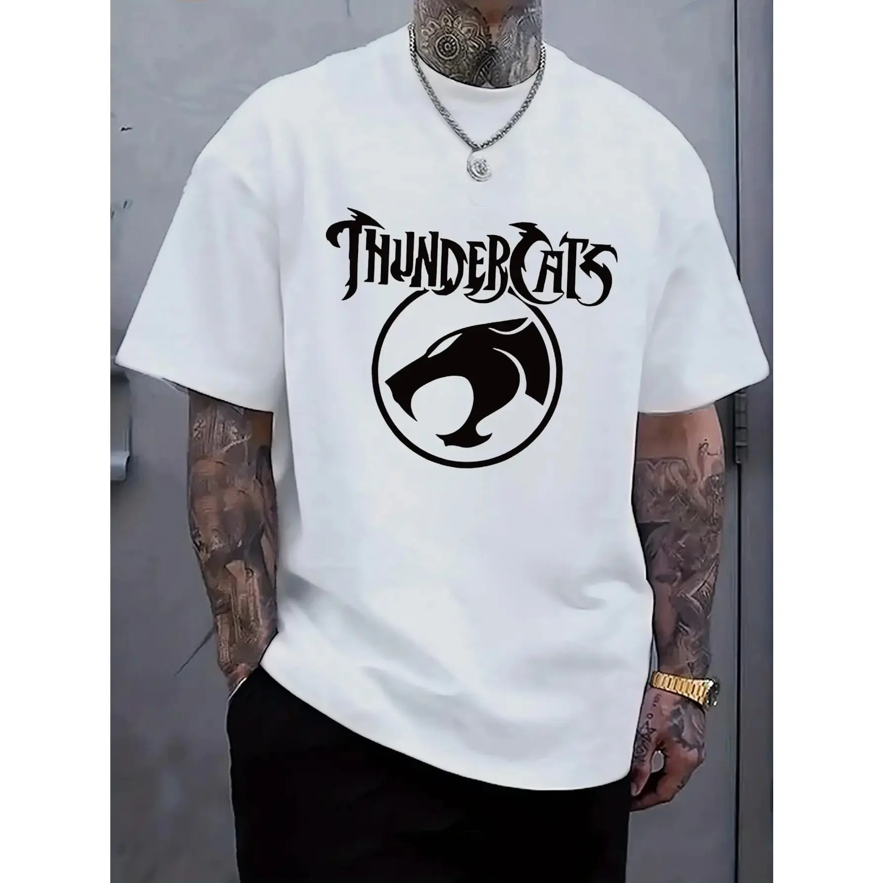 Men's Black ThunderCats Graphic Short-Sleeve Casual Sports Tops, Comfortable Streetwear for Sports & Outdoor Activities, Athletic Apparel, Faded-Free Print, Outdoor Wear, Pure Cotton