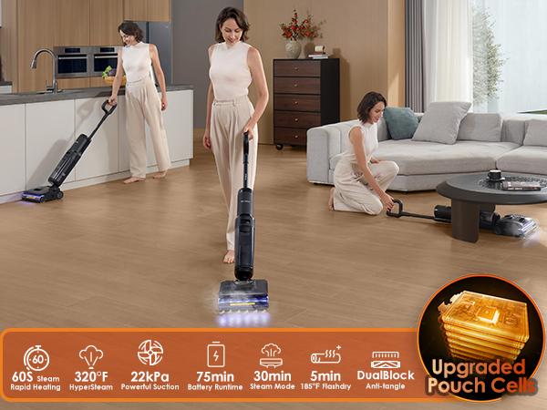Tineco Floor One S7 Stretch Steam Cordless Wet Dry Vacuum Steam Mop All-in-One, 320℉ HyperSteam, 180° Lay-Flat, Anti-Tangle Design, FlashDry Self-Cleaning, Up to 75 Min Runtime