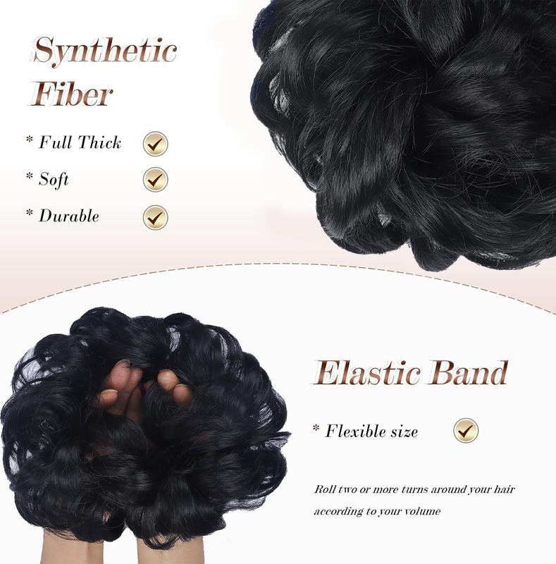 2PCS Large Messy Hair Bun Wavy Curly Scrunchies Synthetic Chignon Ponytail Hair Extensions Thick Updo Hairpieces for Women Girl Party Black