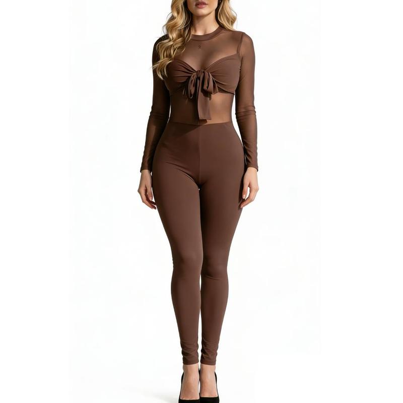 SHAPESHE Women's Jumpsuit with Long Sleeve Black Bow Mesh See-through Bodysuit for Outing