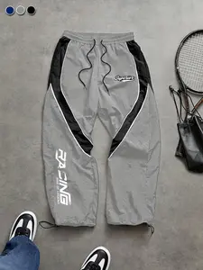 Men's High Street Cyberpunk Racing Functional Gray Black Patchwork Joggers Spring Summer Lightweight High Drape Drawstring Casual Pants with Superior Letter Print Trendy Brand Sports Pants Black Colorblock + Streamline Panel Design, Side "RACING" 3D Print