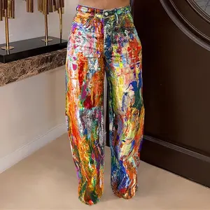 Colorful Graffiti High-Waist Wide-Leg Jeans, Baggy Unique Print Streetwear Denim Trousers, Ideal for Music Festivals and Casual Gatherings Pants Womenswear Fabric Fitted Can be used with raincoat
