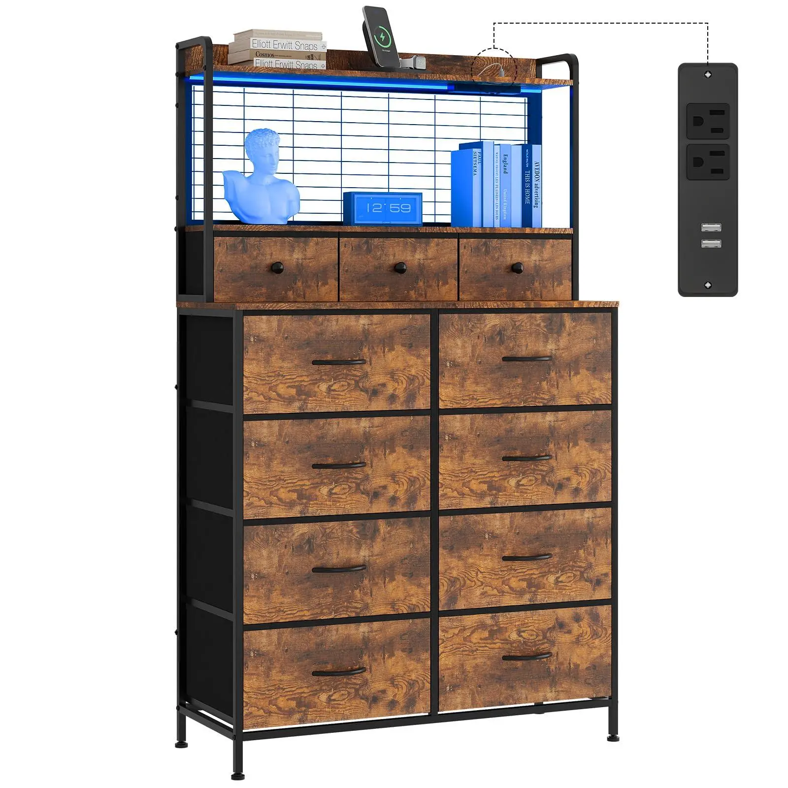 GARVEE Industrial Look Brown Wood Grain Smart Dresser with 11 Fabric Storage Drawers, Built-in Wireless Charging Station, App-Controlled RGB LED Lighting - Anti-Tipping Organizer for Bedroom, Closet