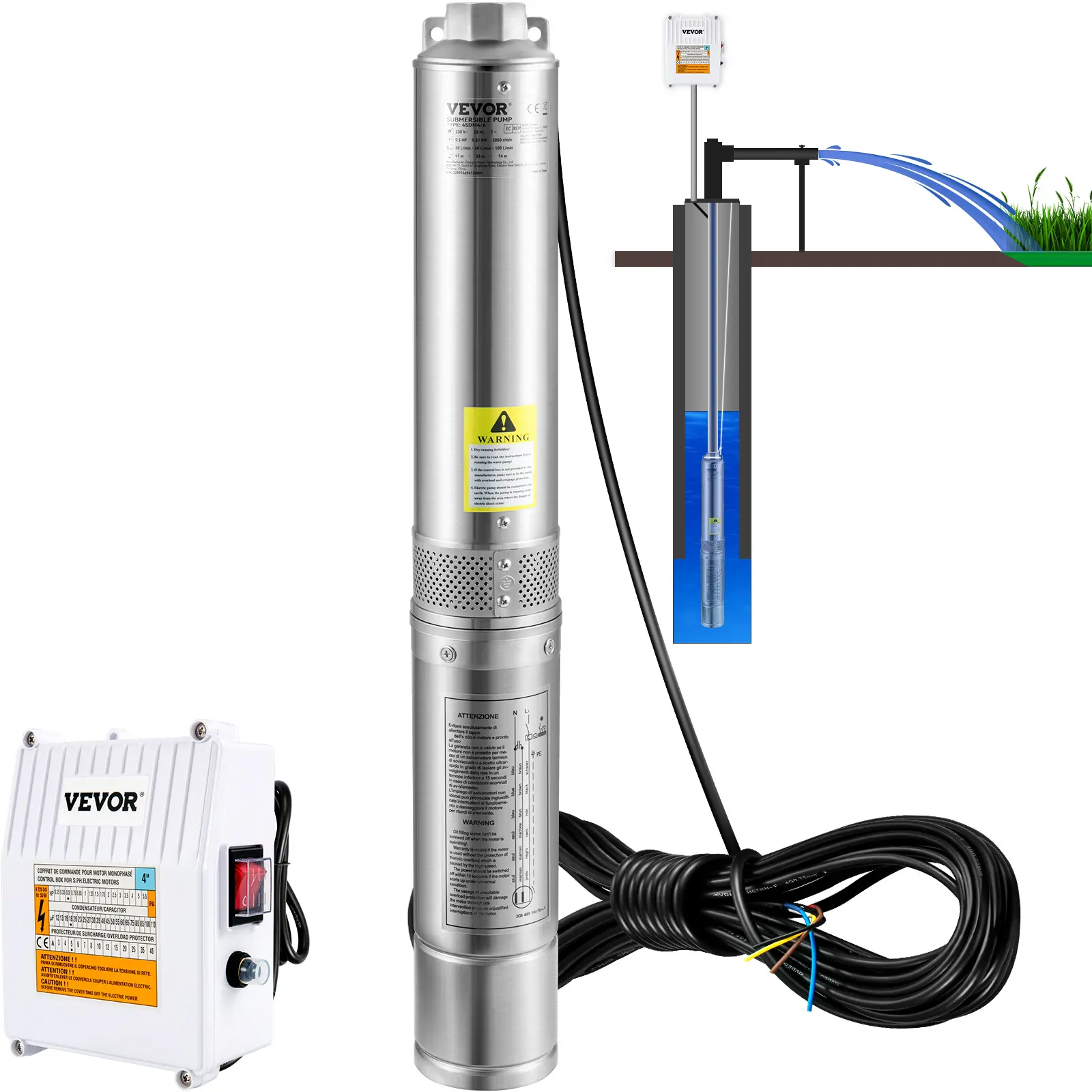 【Summerfinds】VEVOR 4-Inch High Power Deep Well Submersible Pump, 3HP, 230V/60Hz, 37GPM, 640ft Head, 33ft Cord, External Control Box, Copper Motor, Stainless Steel Frame, IP68 Waterproof, Overload Safe for Irrigation System, Industrial Use, Sprinkler For K