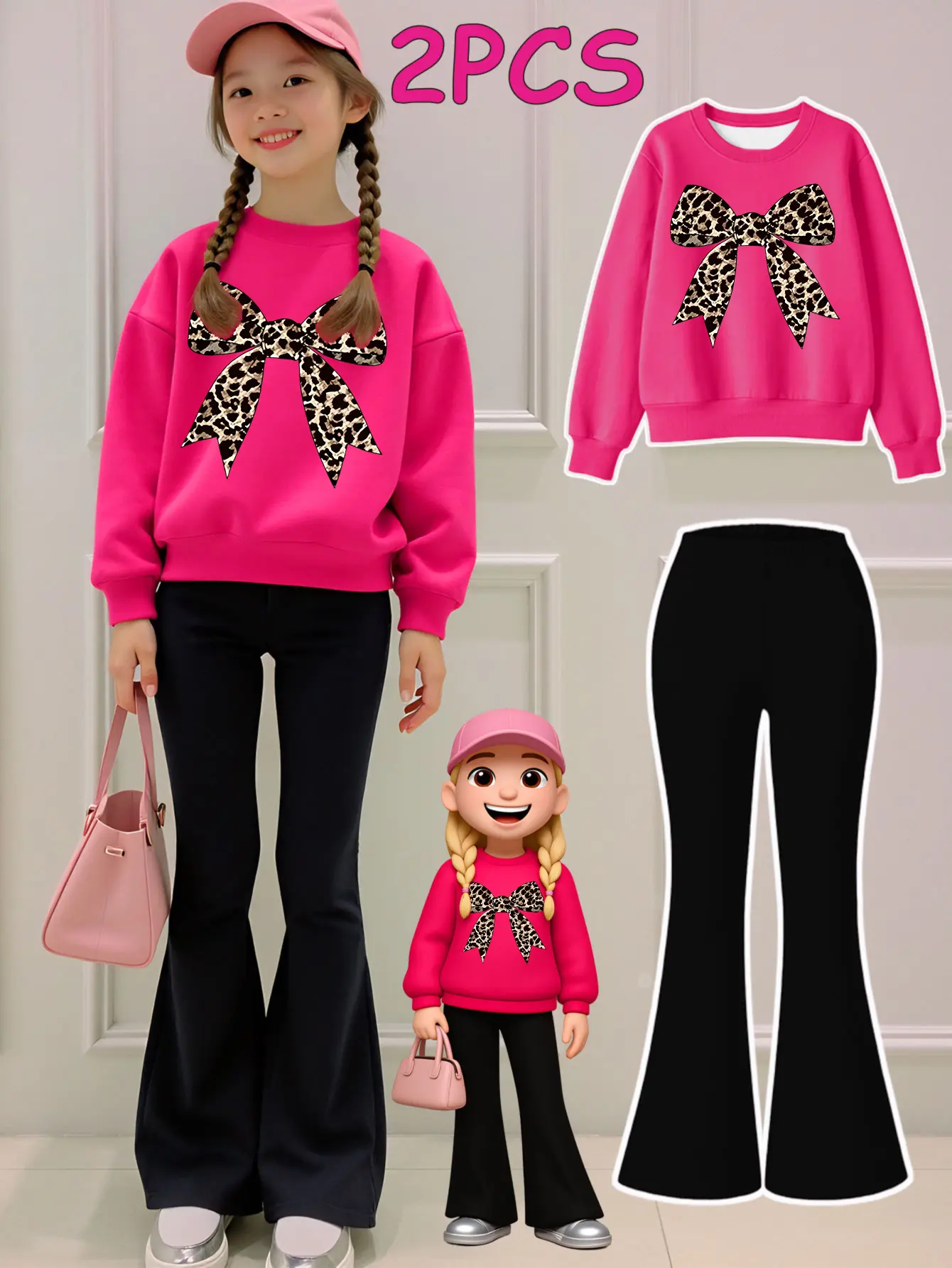 2PCS Autumn Winter Tween Girls Clothes Sweatshirt Set  Pink Leopard Bow Print Sweater Print Girl Clothes Long Sleeved Round Neck Sweatshirt  Bell Bottom Pants Set Perfect For Outdoor  Kids Clothes, Fabric, Warm & Stylish