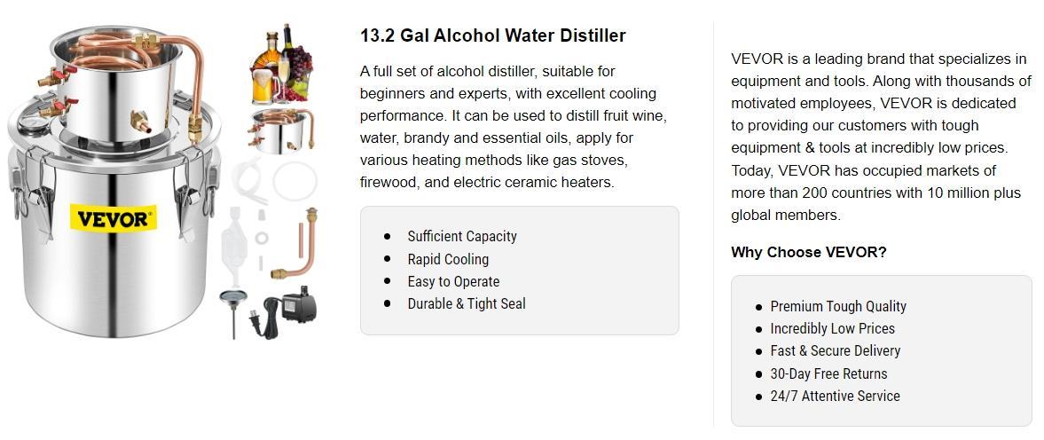 VEVOR Water Wine Still Max 13.2Gal/50L, TikTokShopBlackFriday, Wine Distiller with Circulating Pump, Wine Still Copper Tube, Whiskey Distilling Kit with Build-In Thermometer, Whiskey Making Kit for DIY , Stainless Steel