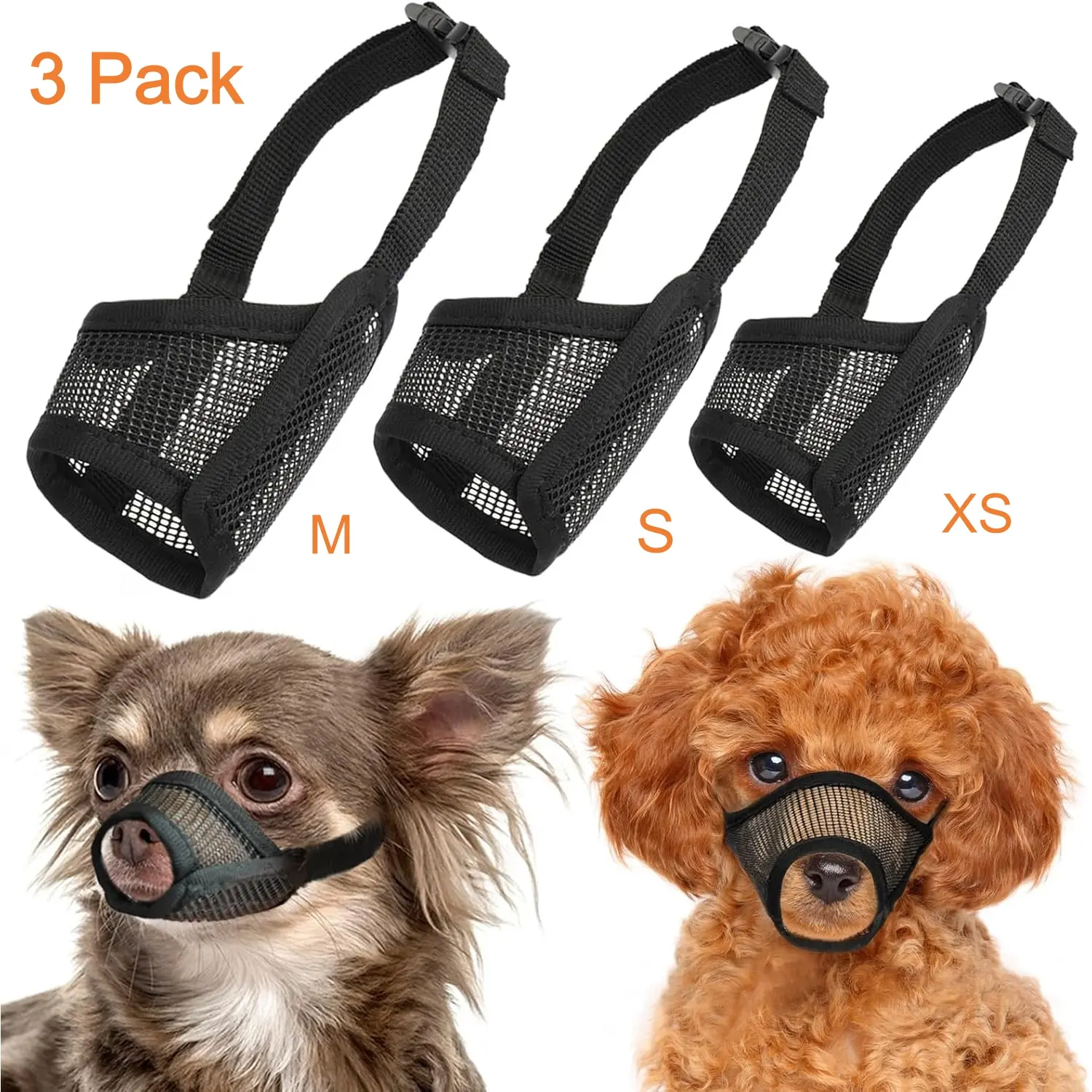 3-Pack Black Mesh Webbing Fabric Dog Muzzles, Chew Resistant Breathable Mouth Guard with Adjustable Strap, Anti-Biting Anti-Eating for Small Dogs (Grooming, Vet Visits), Chew Resistant Muzzles, Webbing Fabric Muzzles