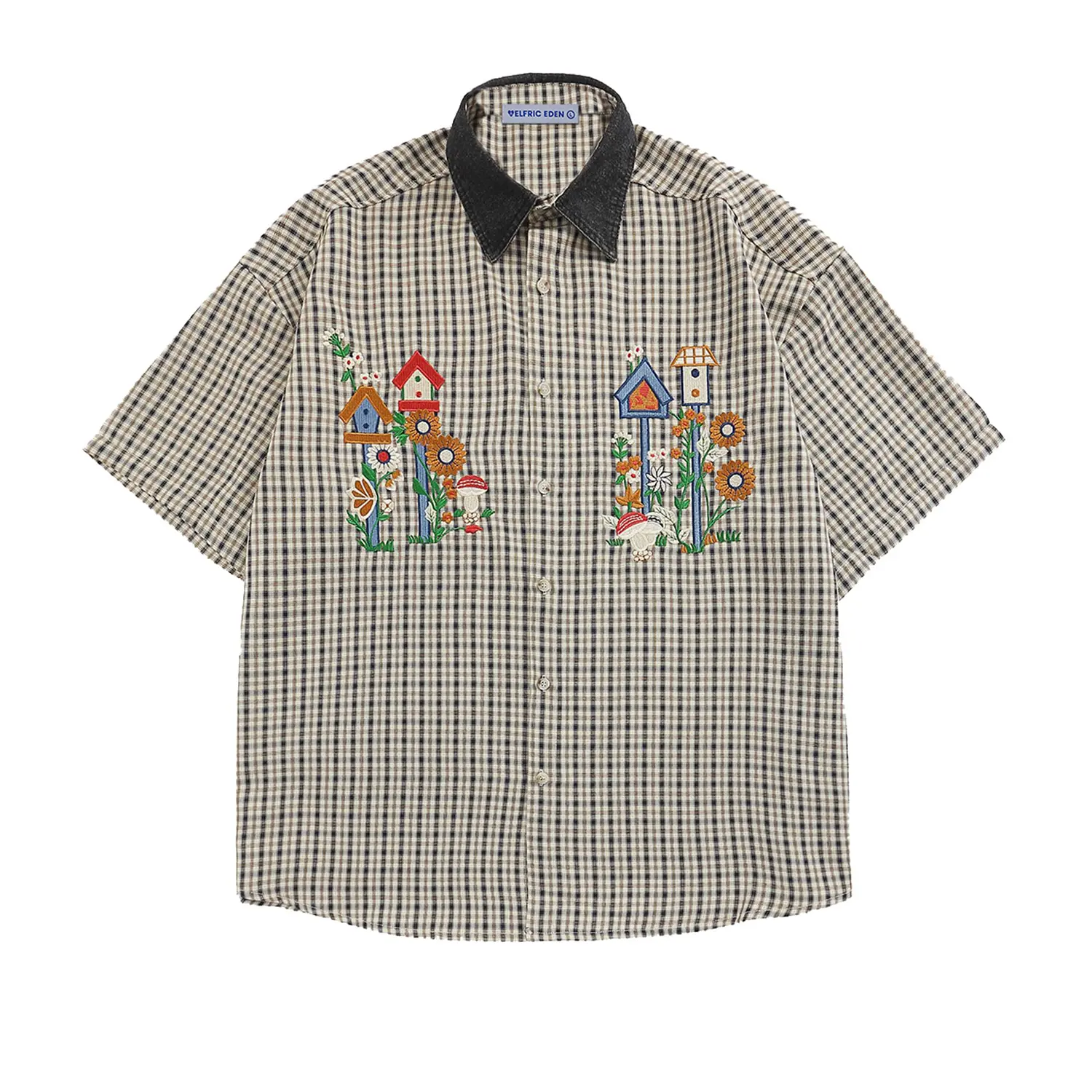 AELFRIC EDEN Men's Casual Plaid Shirt, Short Sleeve Loose Fit Streetwear Button Down with Birdhouse Embroidery and Contrast Collar, Male Clothing,back to school,back to school shopping