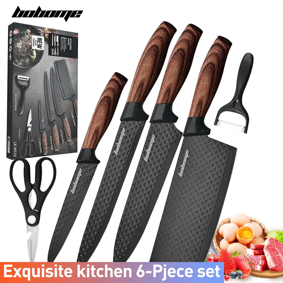 BOBOME 6-Piece Stainless Steel Kitchen Knife Set with Block & Gift Box, Thick Ergonomic Wood Grain Handle, Ultra Sharp Chef Knives, Healthy Anti-Rust Non-Stick Coating, Dishwasher Safe Kitchenware for Christmas Gifts