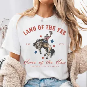 Comfort Colors Western Yee Haw USA Cowboy Shirt, Land of the Yee Patriotic T-Shirt, Retro Country America Graphic Tee, 4th of July Independence Day Shirt, Vintage USA Outfit for Women and Men - HARSIN