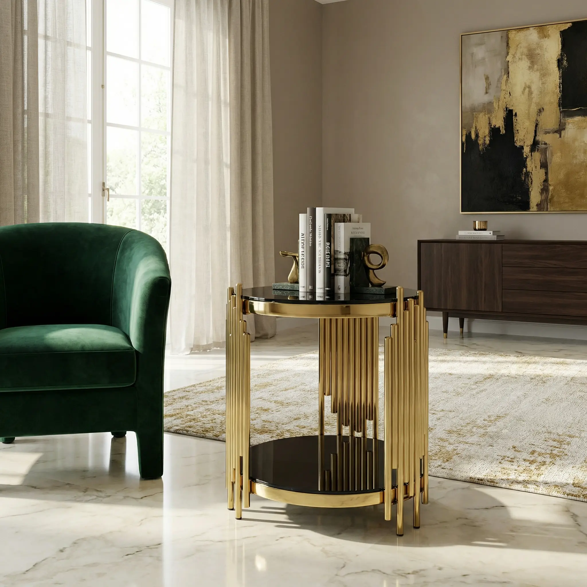 Modern Round Tempered Glass Coffee Table - Mirror Gold Stainless Steel Cocktail Table for Luxury Living Room Decor