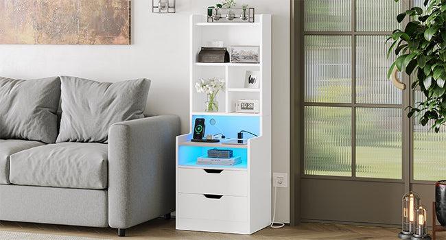 Sikaic LED Nightstand with Bookshelf Charging Station Table Multifunctional RGB Light Strips 2 USB Ports App Control Dynamic Modes Modern Side End Table