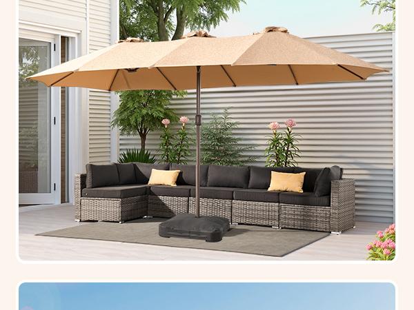 [March Clearance Price] OOSWIFT 14.5 ft Large Patio Umbrella with Solar LED Lights & Base, Extra Large Outdoor Twin Umbrella w/36 Lights, for Patio Garden Pool Lawn Backyard, Base Included, Sunshade Canopy