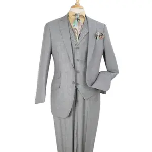 Grey Herringbone High Fashion 3-Piece Wool Suit with Peak Lapel and Vest