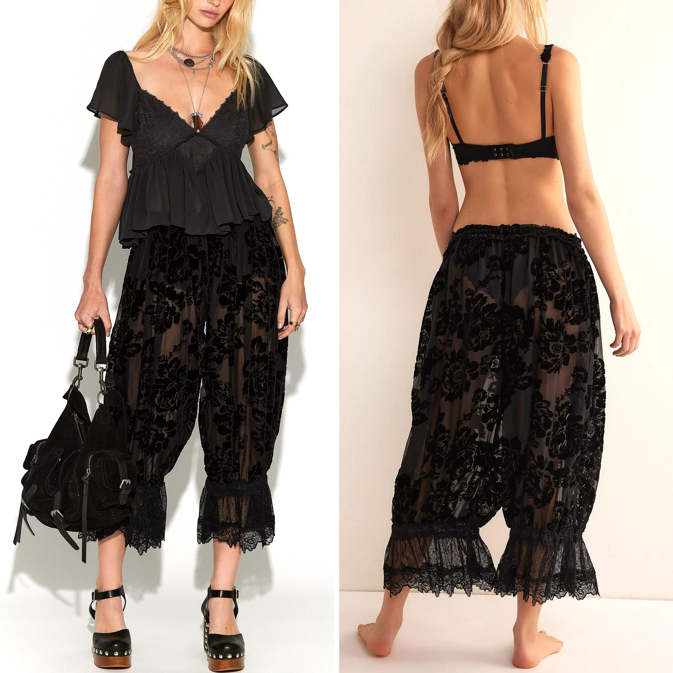 Buenoble Forever Young Lace Bloomers Pants for Women Cropped Boho Loose Fit Crinkled Fabric Fairycore Retro Style Buenoble Forever Young Lace Bloomers Pants for Women Cropped Boho Loose Fit Crinkled Fabric Fairycore Retro Style