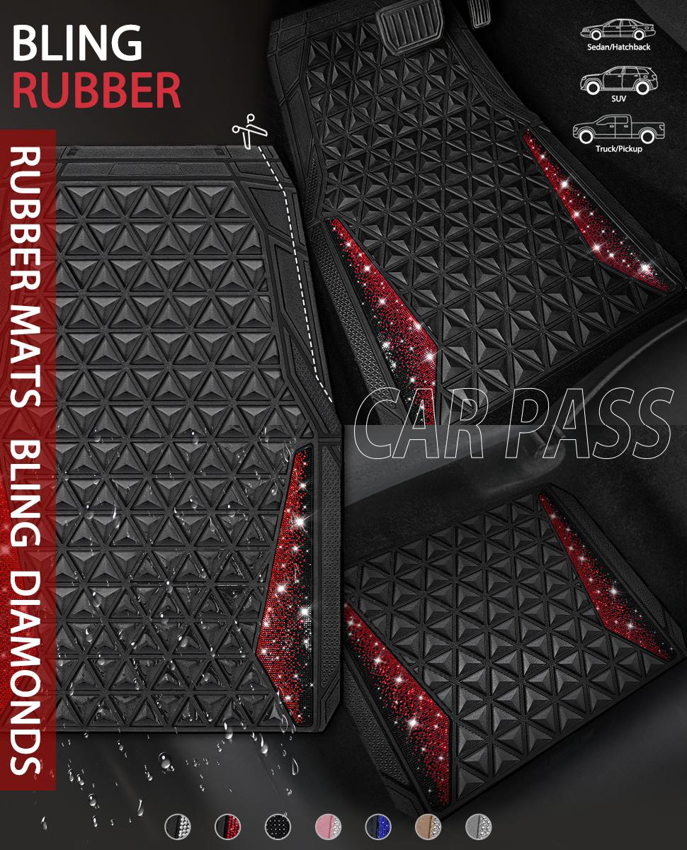 CAR PASS Bling Diamond Rhombus Rubber Leather Car Floor Mats, All-Weather for Car Full Set Durable Anti-Slip, Waterproof Trim Universal Fit,Sedan,SUV,Truck Vehicle Automotive