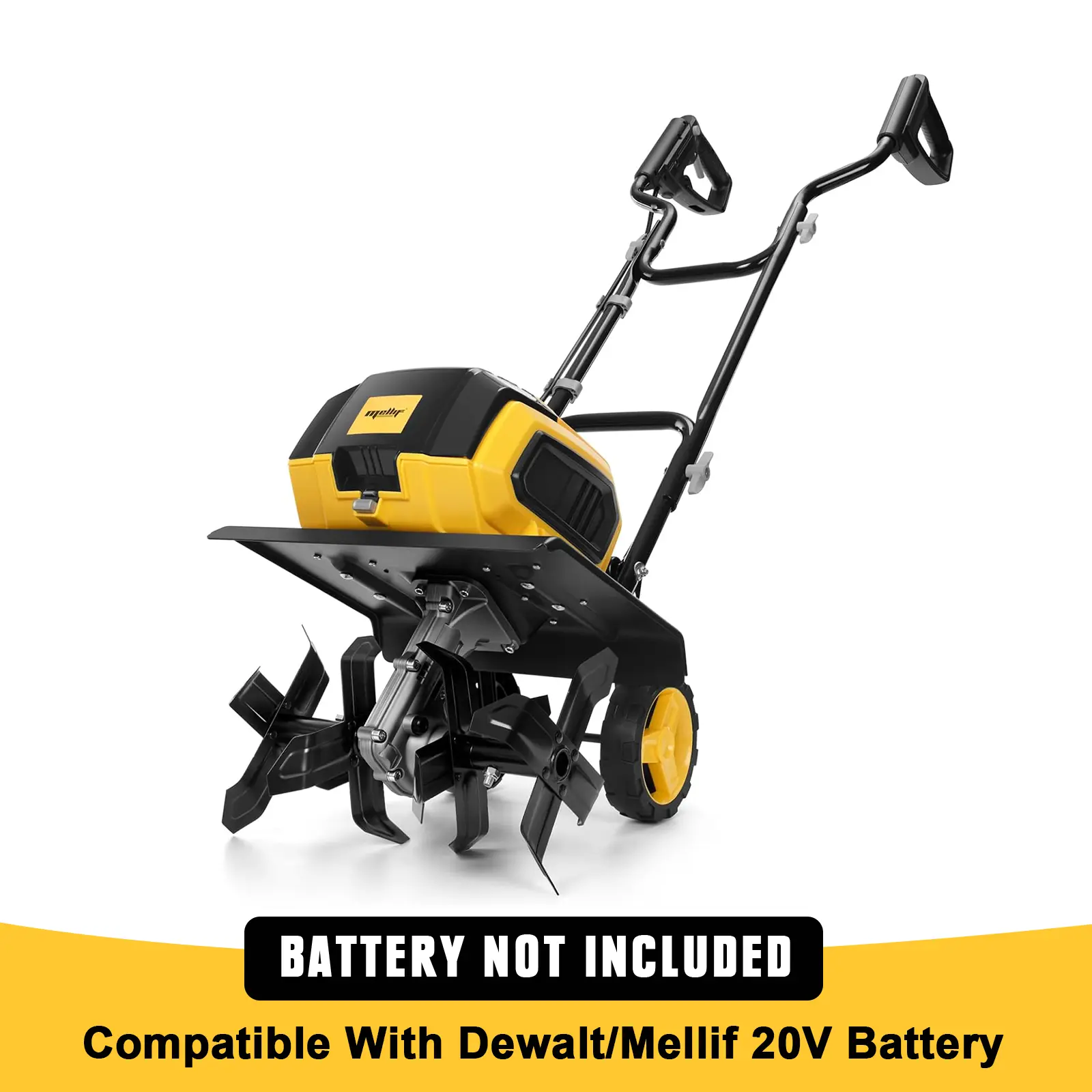 Mellif Cordless Garden Tiller/Cultivator Compatible with Dewalt 20v Max Battery (Tool Only) 14.2'' Width 8.7'' Depth 16 Steel Tines, Electric Rototiller Brushless Foldable with Adjustable Wheels Lawn Mower Blade