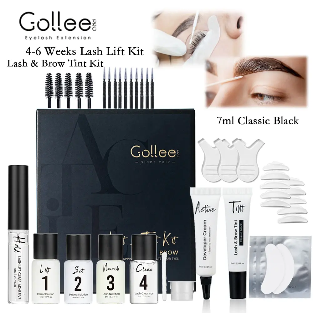 Gollee Lash Lift and Tint Kit Black, Brow Lamination Kit Black Eyelash Eyebrow Perm Kit With Detail Instruction &Tools Easy For Beginner at Home Semi-Permanent Cosmetic 4-in-l product could be used for lash & lamination lifting and lash & eyebrow tint
