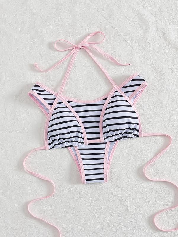 Summer Vibe Alert! Black & White Striped Halter Bikini Swimsuit Set with Pink Trim - Viral Beachwear for Insta-Worthy Photos Summer Vibe Alert! Black & White Striped Halter Bikini Swimsuit Set with Pink Trim - Viral Beachwear for Insta-Worthy Photos