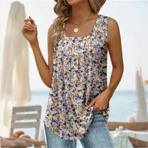 Women's Loose Fit Floral Tank Blouse Sleeveless Square Neck Design, Ditsy Print Summer Daily Top Springfresh