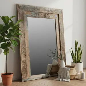 1800s Carved Teak Wood Doorframe Repurposed 82" Tall Extra Large Floor Mirror