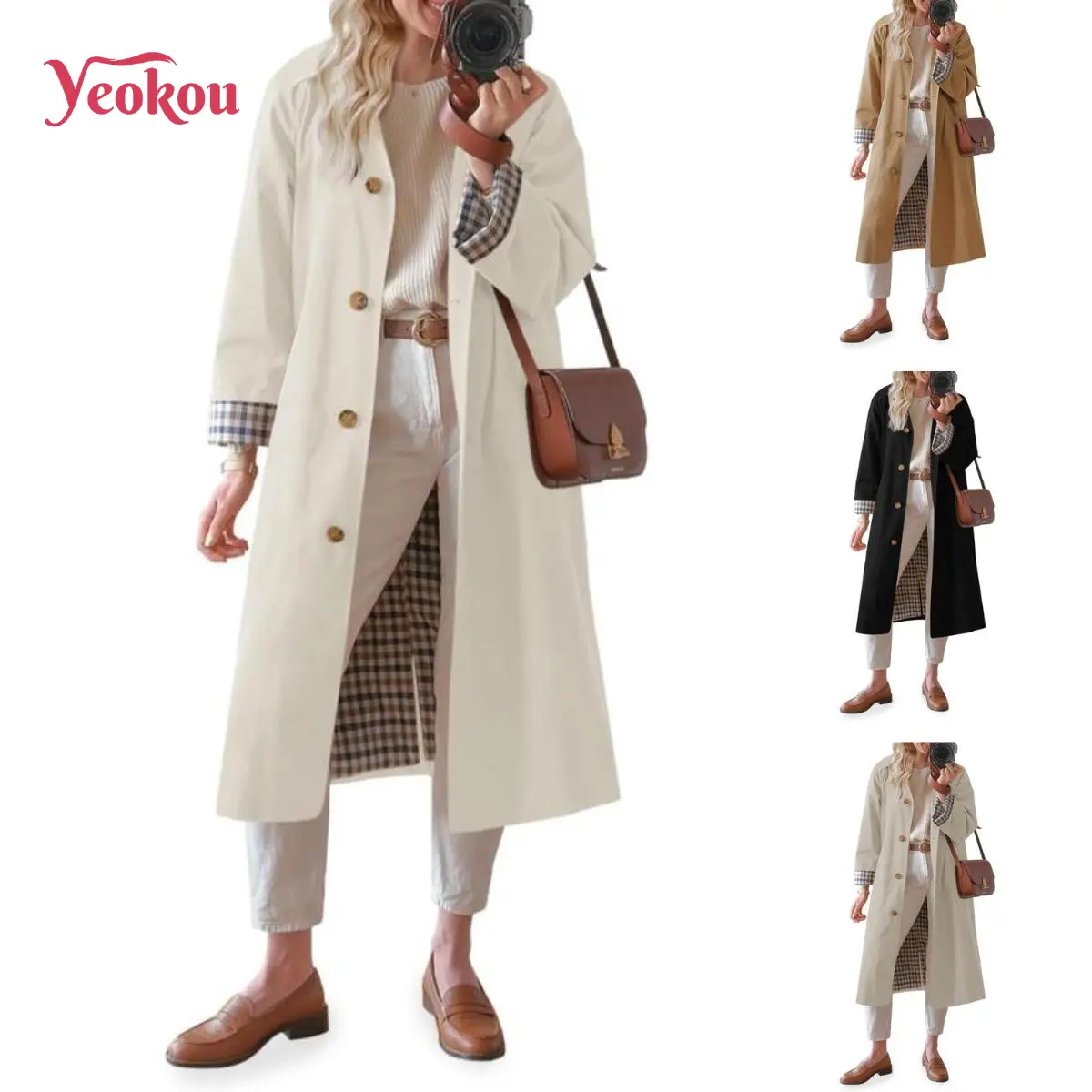 Yeokou Lady's Oversized Polyester Trench Coat - Basic Long Sleeve Jackets for Parties, Windproof Outerwear, Machine Washable, Buttoned, Holiday, 100% Poly, Fitted