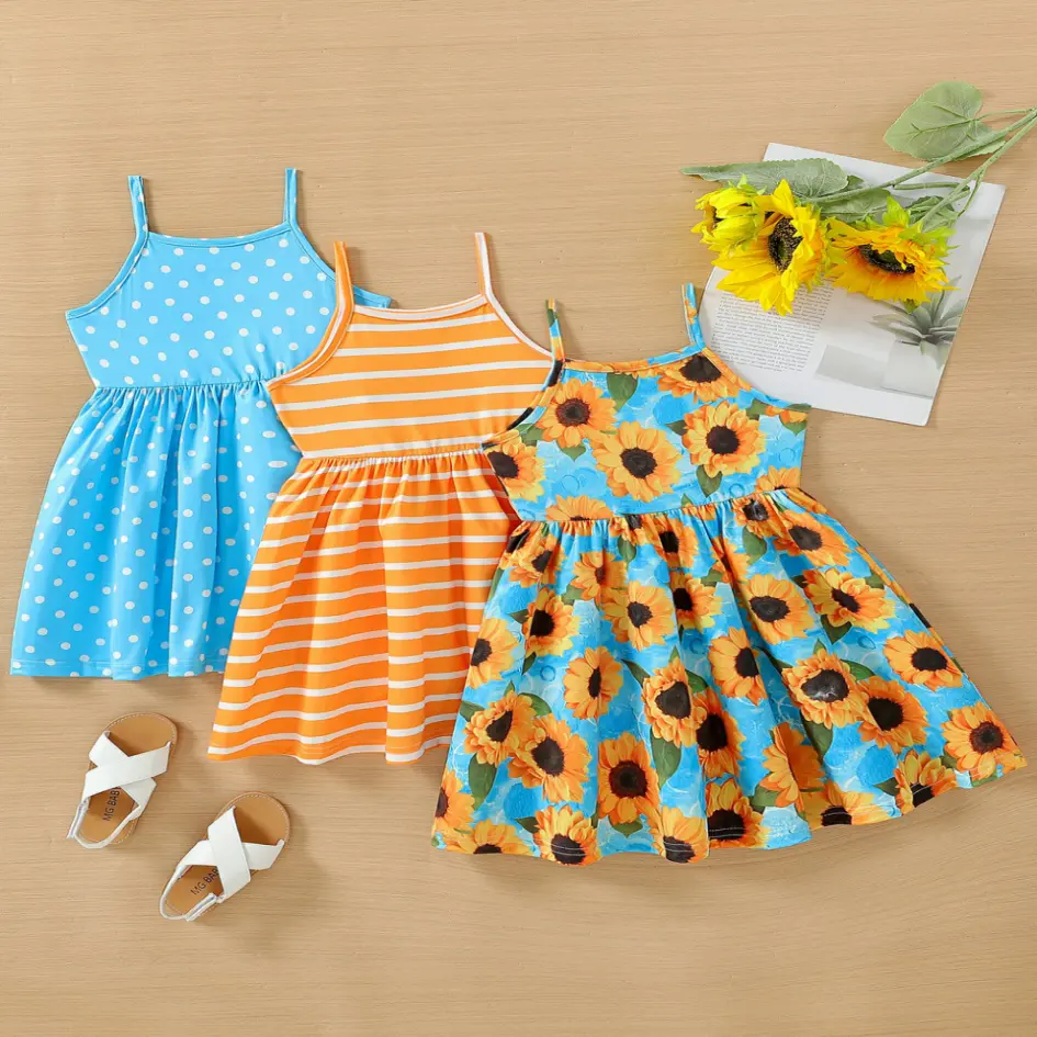 3-Pack Toddler Summer Dresses for Girls, Sleeveless with Fun Polka Dot, Stripes & Sunflower Patterns, Comfortable Flared A-Line Fit, Perfect for Play & Outdoor Fun, Ideal for 4-7 Year Olds Two colors, summer, beach, pink girl's dress
