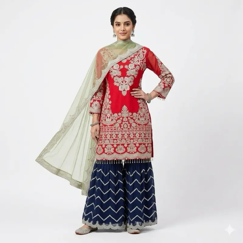 Women's Multicolor 3-Piece Gharara Kurti Set - Original Design, Intricate Embroidery, Fringe Details for Lady