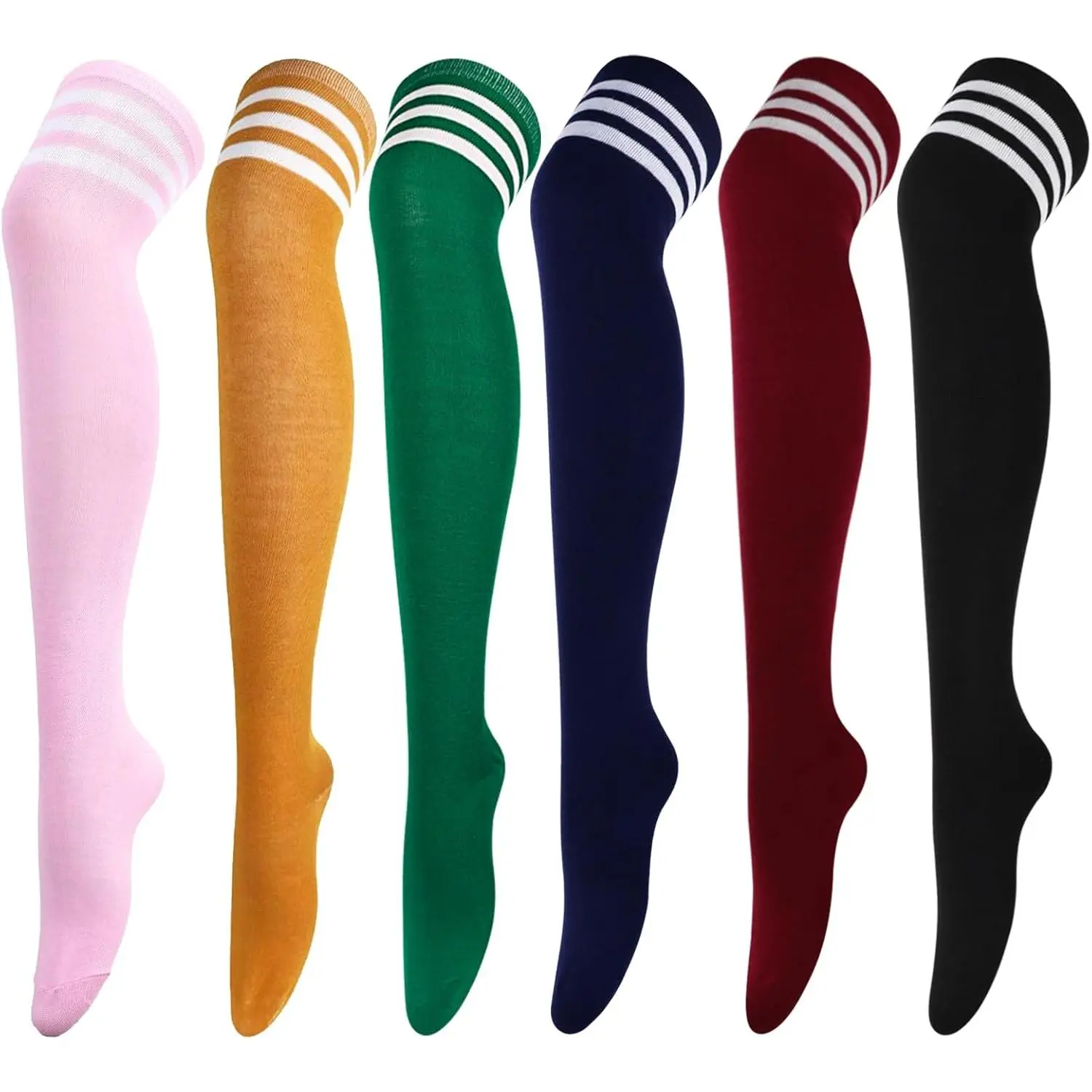 Women's Chic Striped Thigh High Socks, 6 Pairs Stretch Cotton-Spandex Over-the-Knee Leg Warmers for Bridal & Everyday Wear, Stockings, Stripe Print, Chic Look, Six Pairs