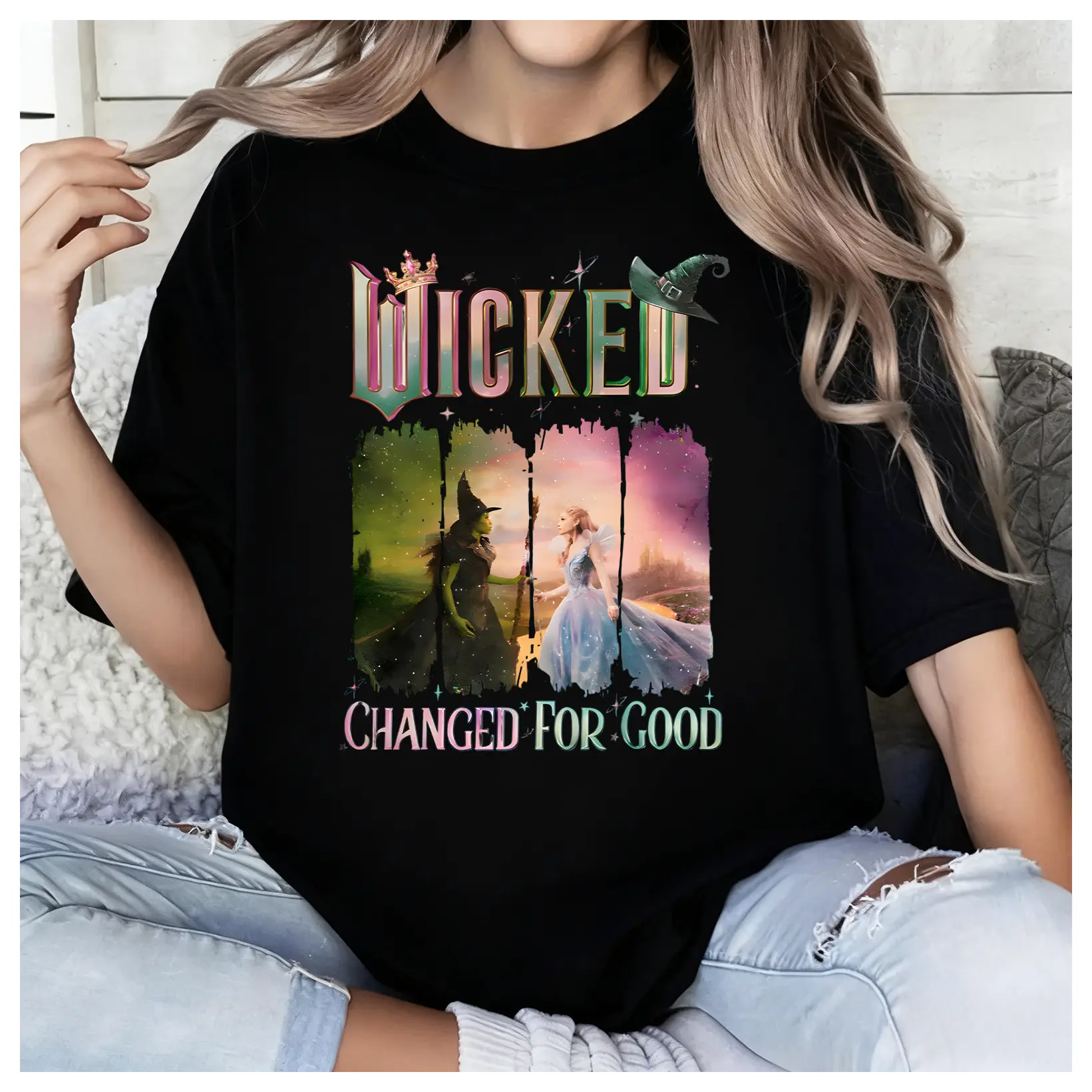 Vintage Wicked Cotton Round Neck Short-Sleeve Geometric T-Shirt - Defy Gravity Broomstick Magic Wand Themed Fit Top, Wizard Movie Fan Party Accessory Gift