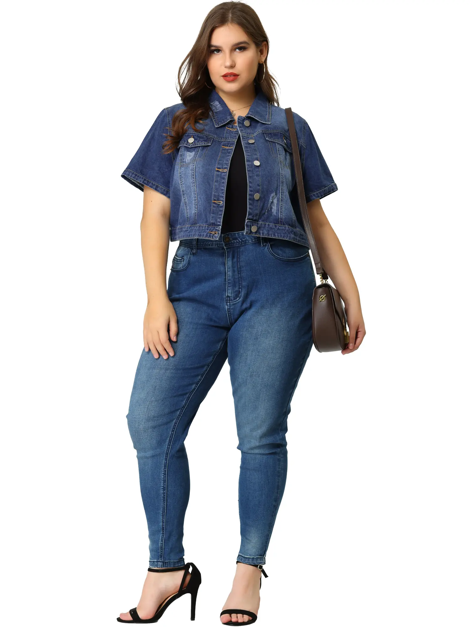 Agnes Orinda Plus Size Denim Jackets Cropped Wash Short Sleeves Jean Jacket Blue