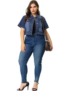 Agnes Orinda Plus Size Denim Jackets Cropped Wash Short Sleeves Jean Jacket Blue