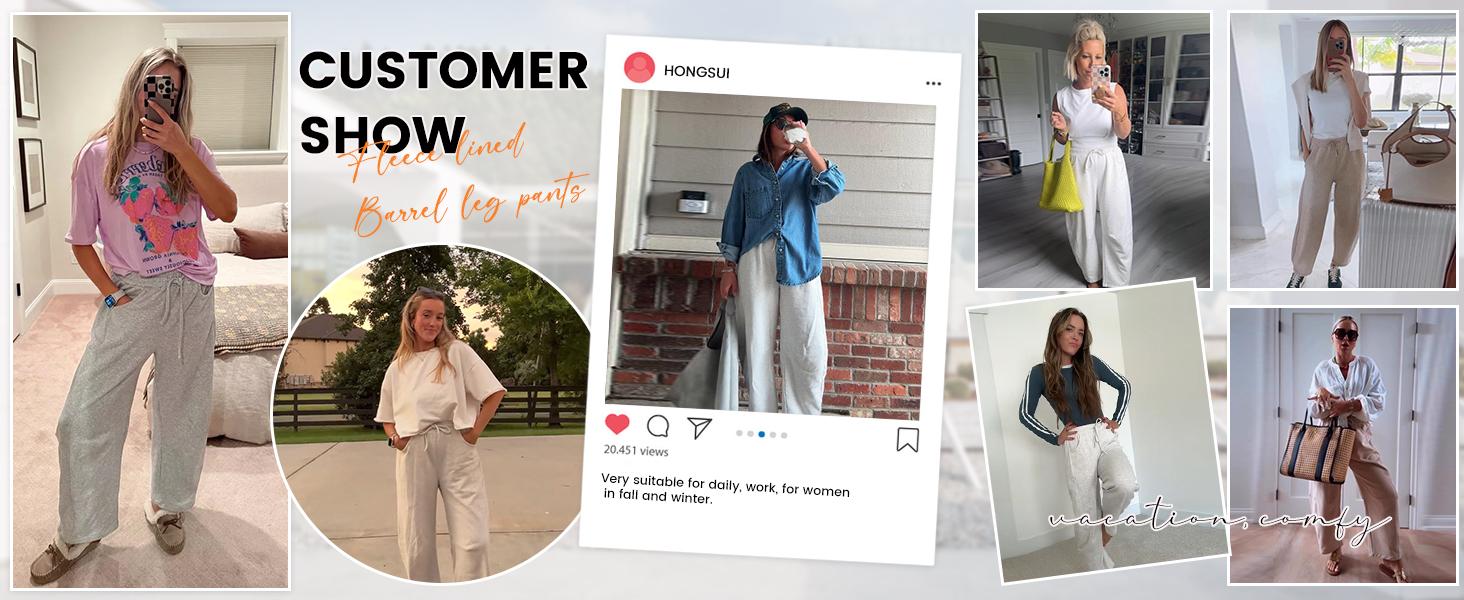 Tanming Women's Barrel Leg Pants Basic or Fleece Lined Elasticated Waist and Soft Wide Leg Pants with Pockets Casual All-Season Sweatpants