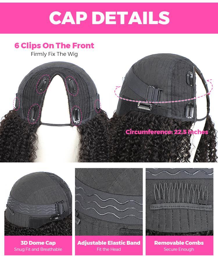 CurlyMe V Part Wig Kinky Straight Hair Glueless Wig Pre-plucked Natural Black 180% Human Hair Medium 22.5 Inch Cap USPS Shipping in 48H