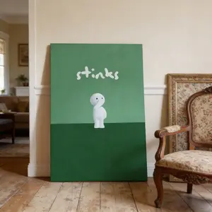 Funny Bathroom Wall Art – Minimalist Cute Character Print, Modern Toilet Decor, Quirky Green Wall Poster