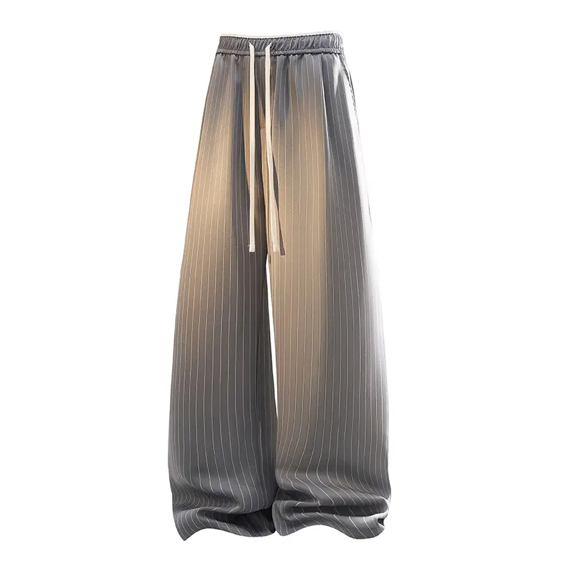 Men's Retro Chic Loose Vertical Striped Drapey Pants - Elastic Waist with Adjustable Drawstring, Smooth Fabric Straight Leg Trousers for Daily Summer Outdoor Streetwear, No