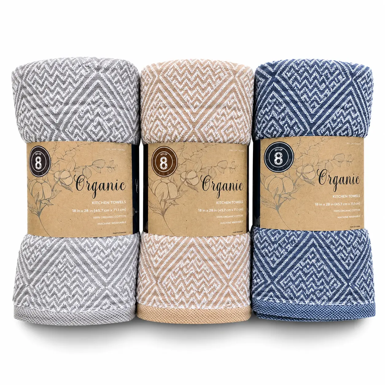 Organic Cotton Cleaning Household Towel Set, 8-Pack, 18x28 in, 100% Cotton, Machine Washable, Highly Absorbent Dish Towels, Assorted Colors