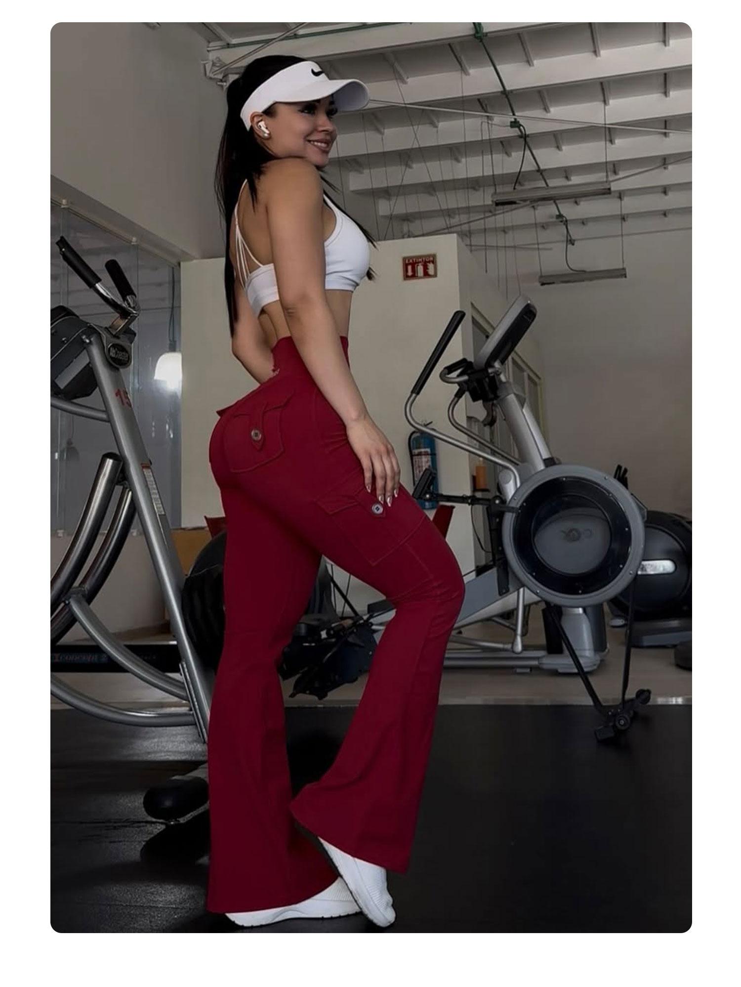 YEOREO CoreFlex Women's Workout Flare Leggings with Pockets Hidden Scrunch High Waisted Cargo Gym Yoga No Front Seam Leggings Flared Joggers Fitness Outfit Camouflage Sports Pants 75% Nylon 25% Spandex