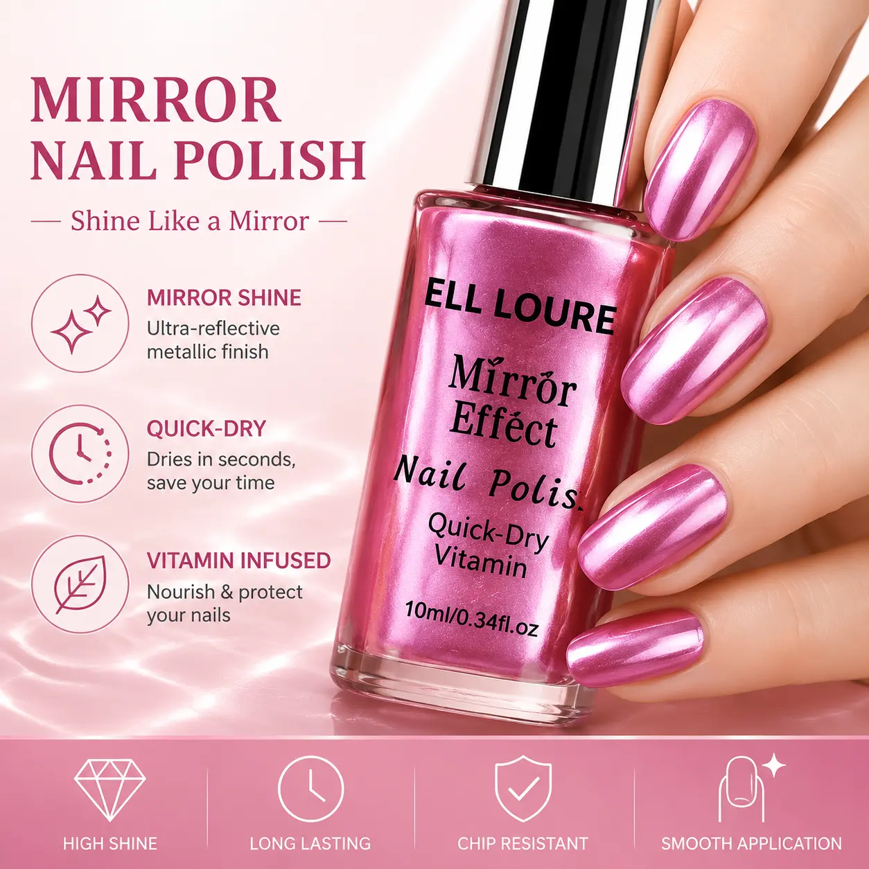 ELL LOUREL Luxury Mirror Effect Insta Dry Nail Polish - Alcohol-Free, Vitamin-Infused, Metallic Chrome Cosmetic, No UV Lamp Needed, Scratch-Resistant, High-Gloss Shine, Multi-Pack for Manicure & Nail Art