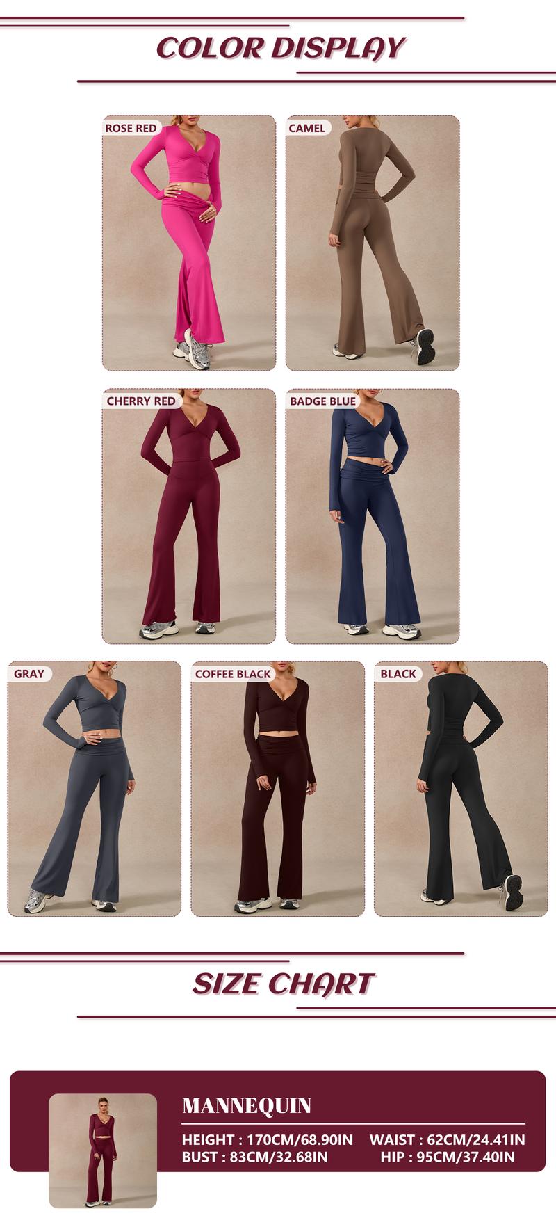 TIMEOFF Women's 2-Piece Long Sleeve Plunging V-Neck Set with Flipped Waist High-Waist Flared Leggings for Gym & Street Yoga Workout Activewear