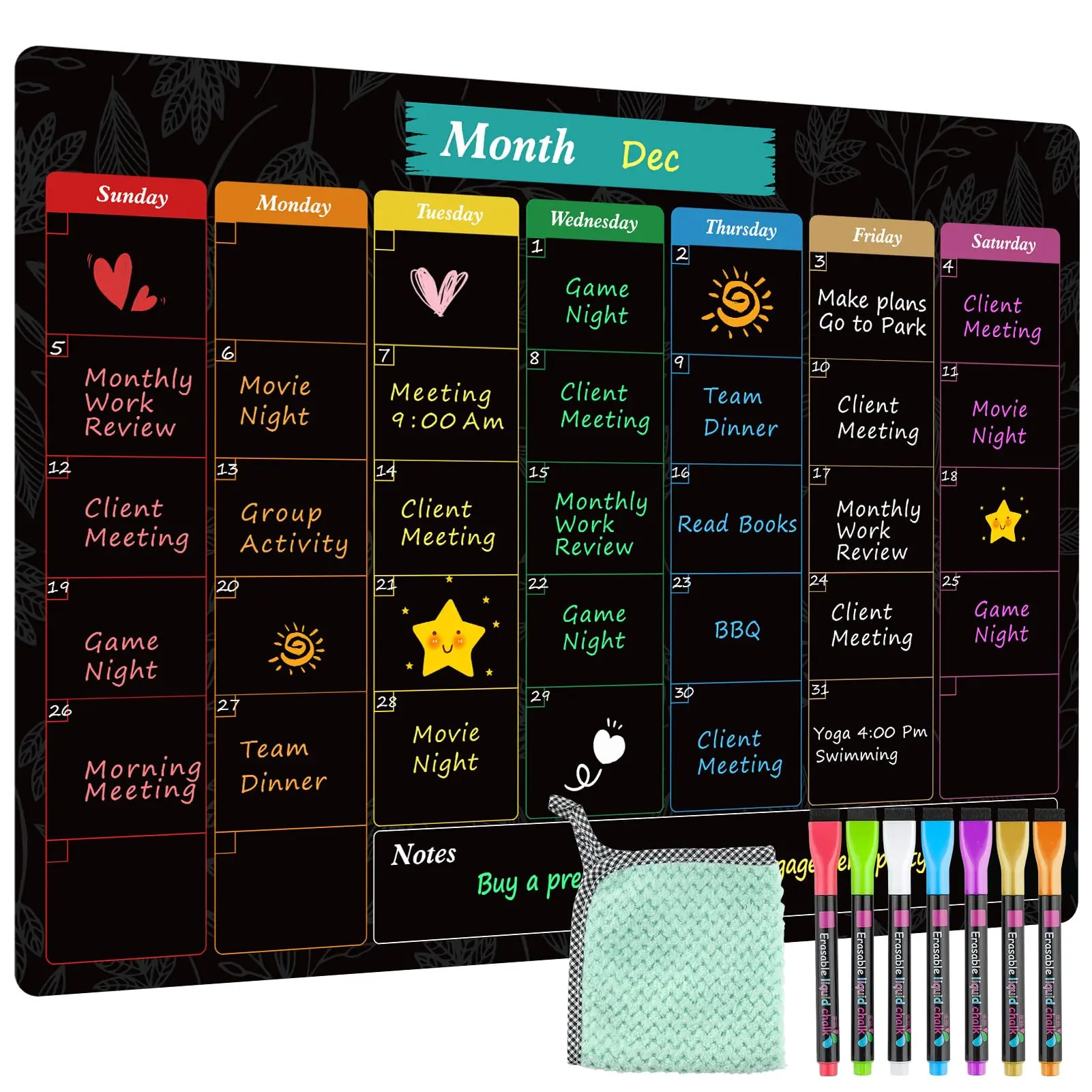 MaxGear Magnetic Dry Erase Fridge Calendar - 16"x12" Black Monthly Planner Magnet, Strong Magnetic Hold, Erasable Planning Boards, Easy Write & Clean, Stain-Resistant Surface, 7 Markers, 1 Eraser, 1 Cloth, Fridge Surface, Weekly Planner