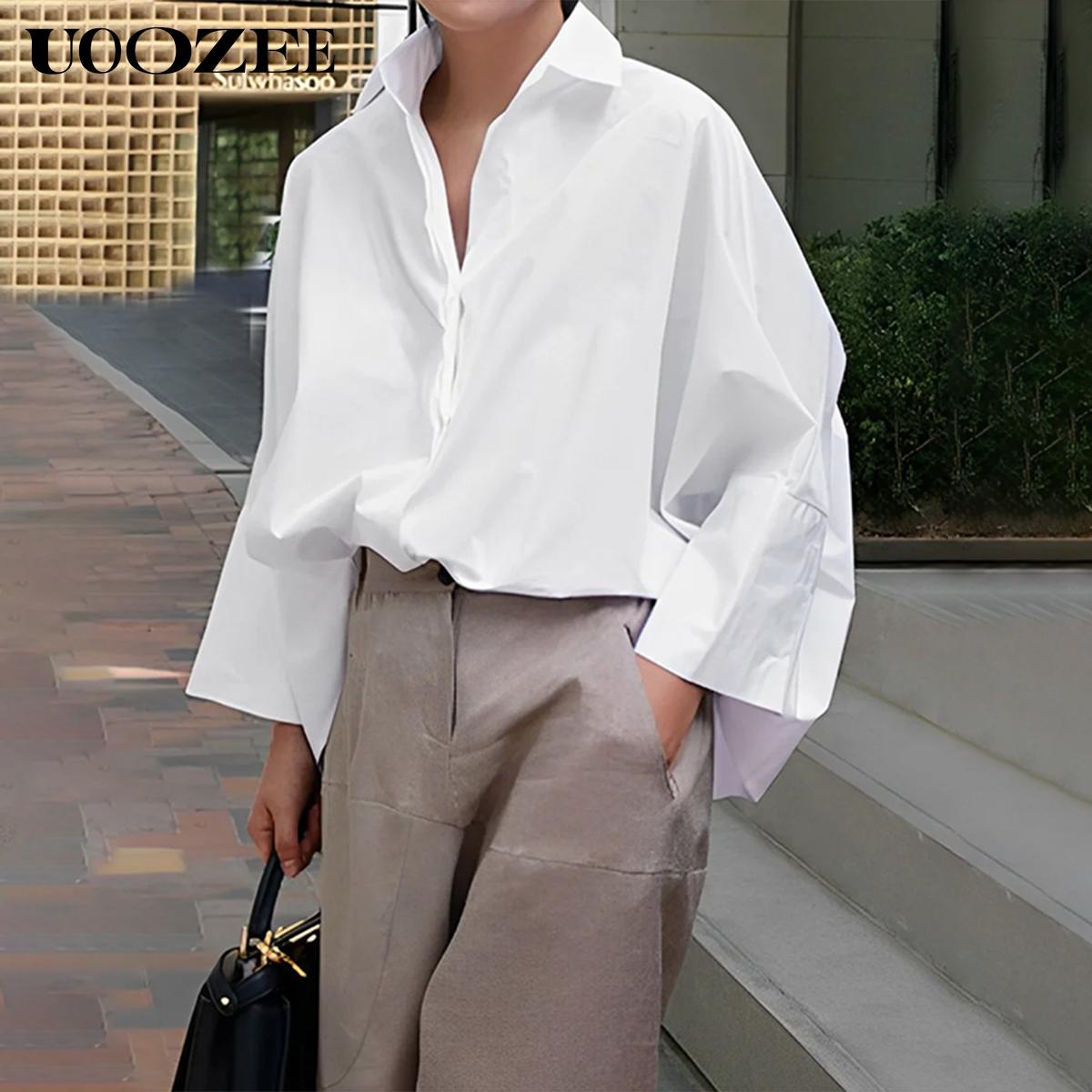 UOOZEE Women's Oversized Fit Multi-Colored Lapel Shirt Tops for All Seasons Loose Simple Polyester Versatile Commuting Suitable for Various Occasions Soft Cotton Blend Chic Blouse Casual
