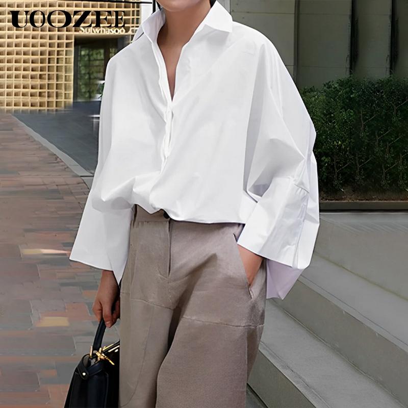 UOOZEE Women's Oversized Fit Multi-Colored Lapel Shirt Tops for All Seasons Loose Simple Polyester Versatile Commuting Suitable for Various Occasions Soft Cotton Blend Chic Blouse Casual