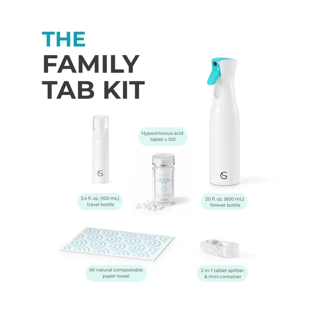 Gentle Sen FAMILY TAB KIT | 100 HOCL Tablets, Refillable Spray Bottle, Tablet Splitter/Container & Paper Towel - Multi-Surface Cleaner for Kitchen, Bathroom, Toys & Pet Supplies | Lab Tested Safe for Pets & Babies - Everyday Household Essentials