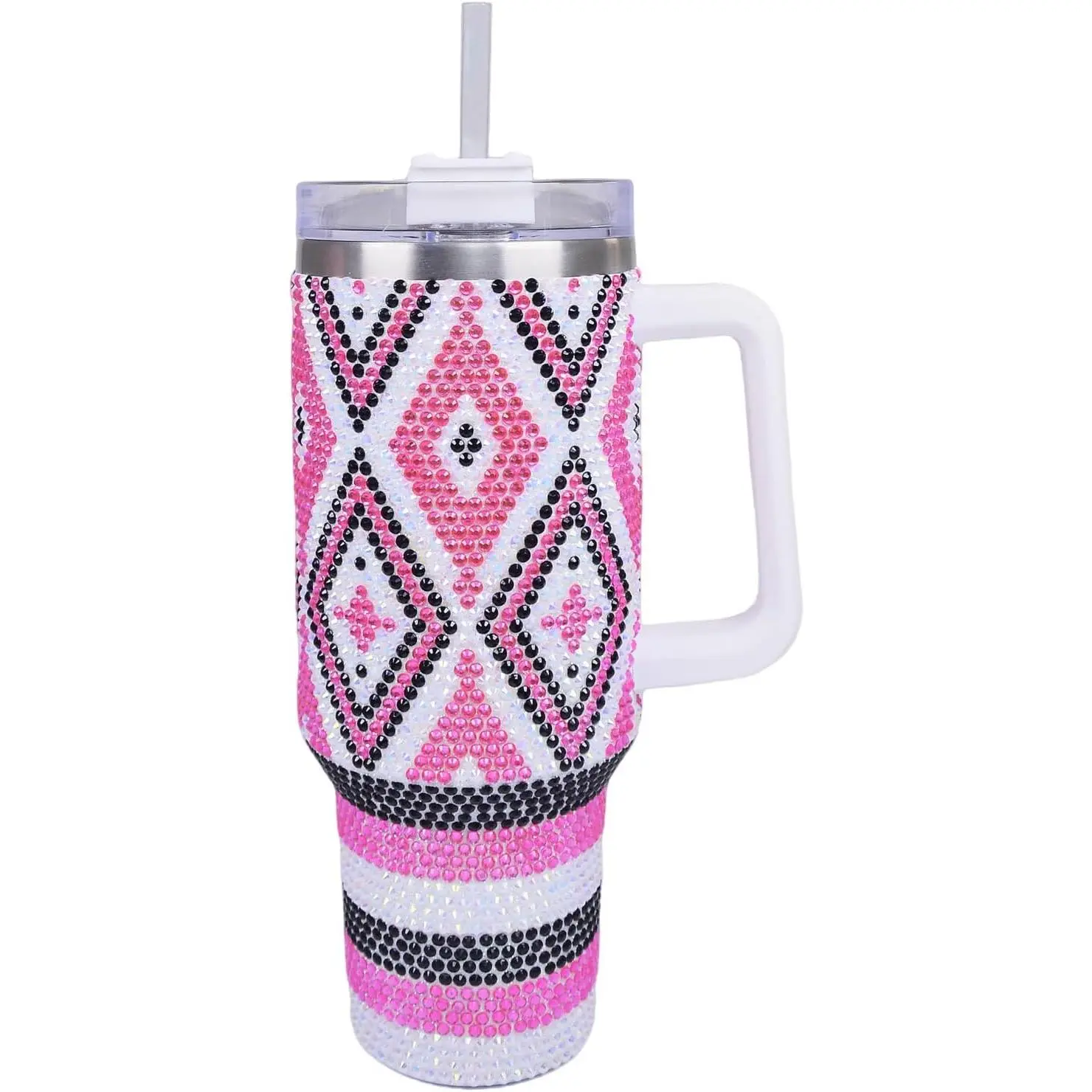 40oz Pink Diamond Bling Rhinestone Portable Stainless Steel Sippy Tumbler Flask - 1,000-2,000 ml Glitter Vacuum Insulated Water Bottle with Straw, Lid, Handle, Car Cup Holder Compatibility, Cold 12hr Retention for Coffee, Car Use, Flasks, Keeps Drinks Col
