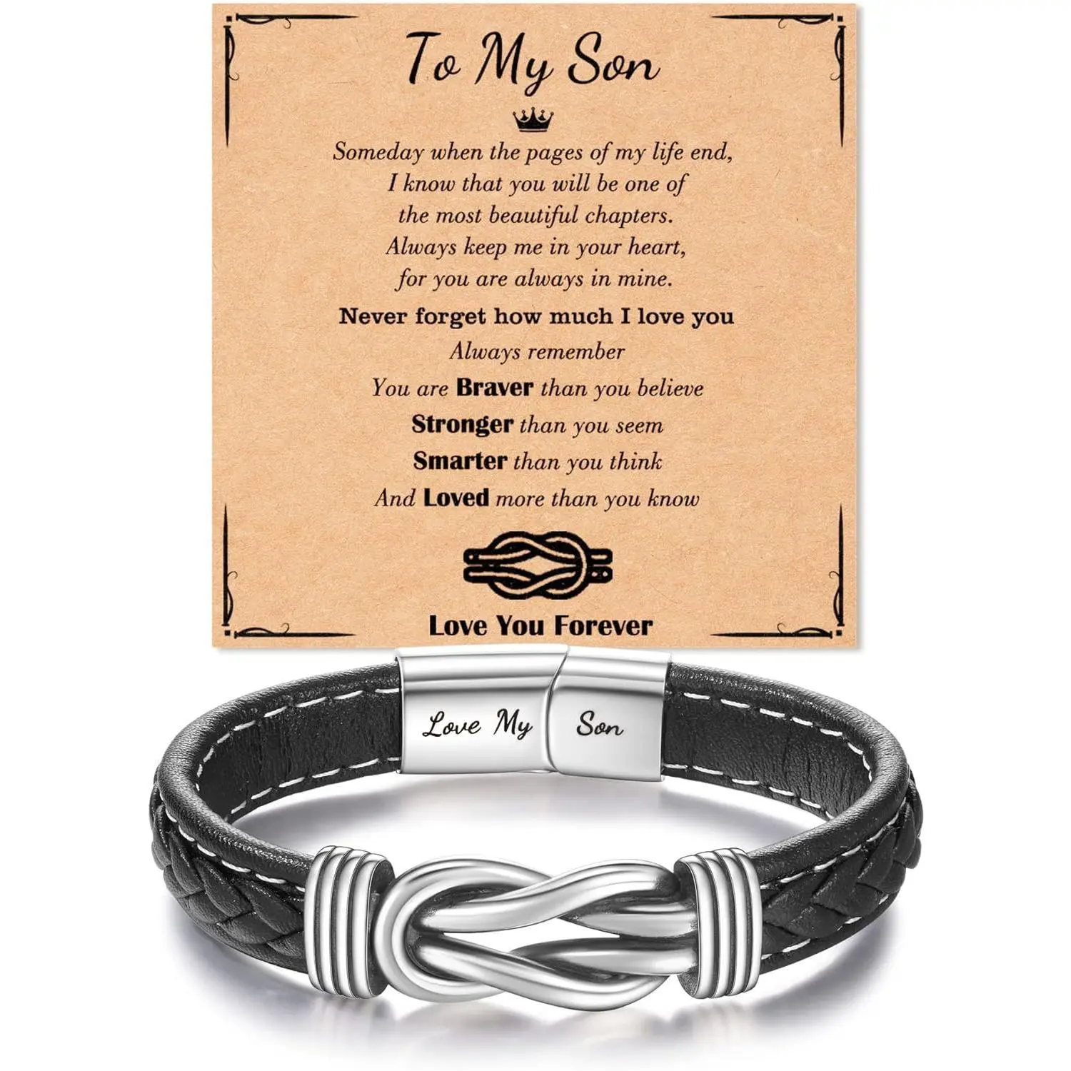 Stainless Steel Inspirational Leather Knot Bracelet, Gift for Teen Boys (Son, Grandson, Nephew) - Artificial Gemstone Jewelry Accessory, Stainless Steel Bracelet